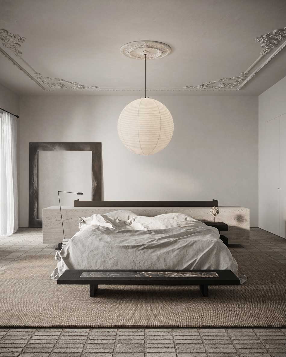 Une tête de lit en travertin dans une grande chambre élégante avec des moulures au plafond
