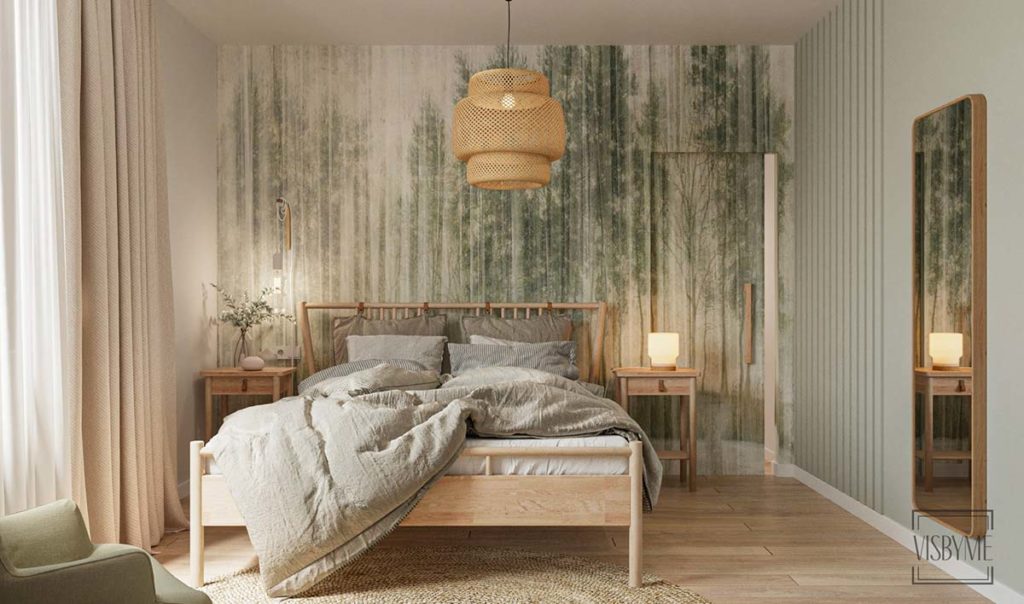 Décoration chambre boho avec du mobilier en bois blond et un papier peint panoramique