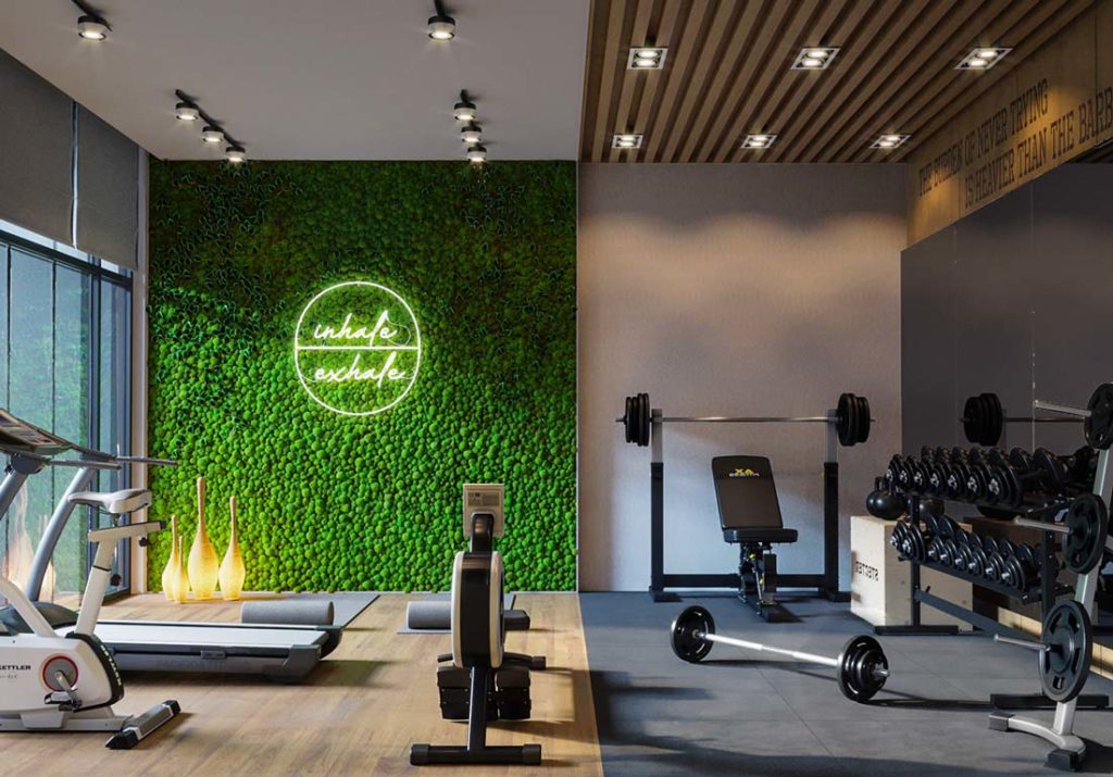 Une salle de sport à domicile chaleureuse avec un mur végétal