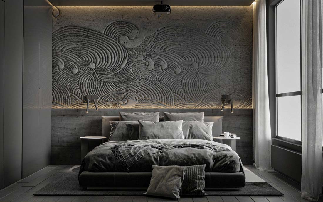 Une chambre décorée en noire avec un mur tête de lit en tapisserie panoramique capitonnée