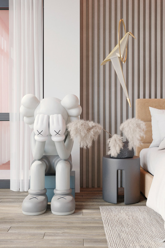 Une chambre girly et pastel avec un art toys tendance : separated de Kaws