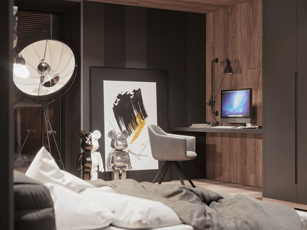 Une chambre noire avec un bardage en bois et des art toys bearbrick comme décoration