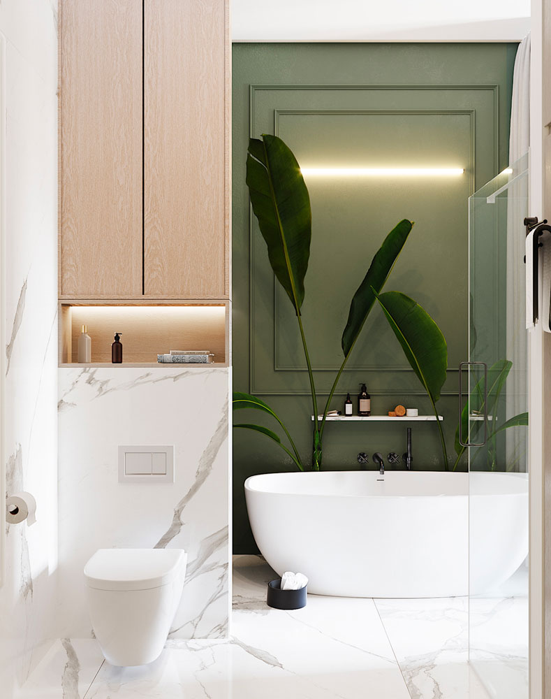 Une salle de bain kaki et un sol en marbre blanc