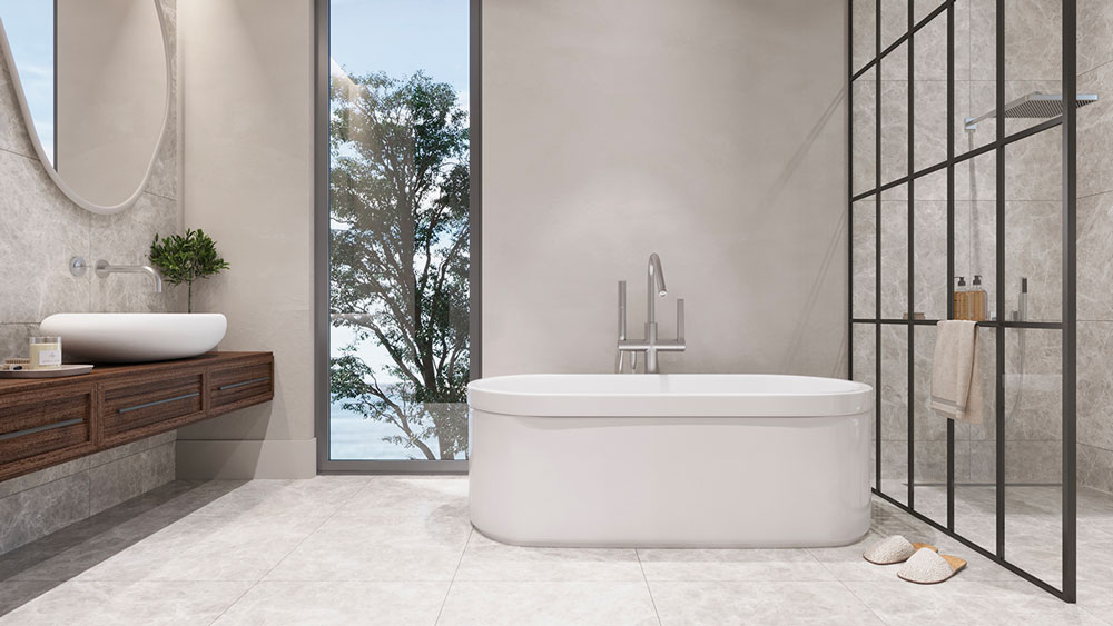 Une salle de bain style bord de mer blanche avec un meuble en bois foncé