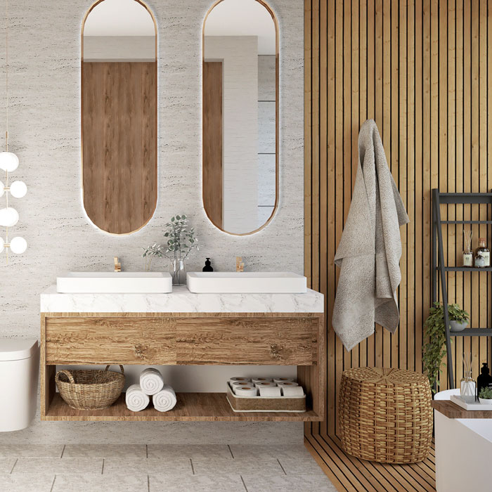 Une salle de bain japandi avec du bois naturel et du mobilier design