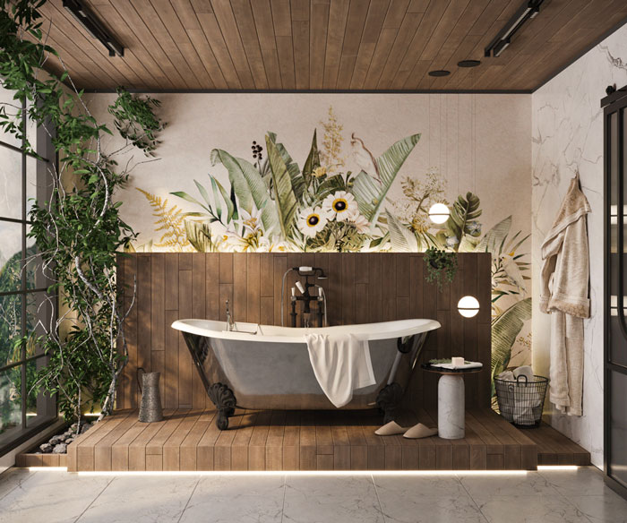 Salle De Bain Bohème Scandinave Avec Baignoire îlot Lumière Naturelle Et  Papier Peint à Motifs