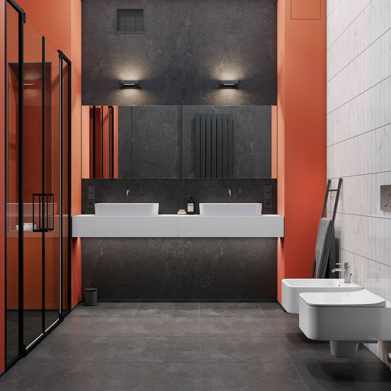 Une salle de bain de couleur terracotta et noire