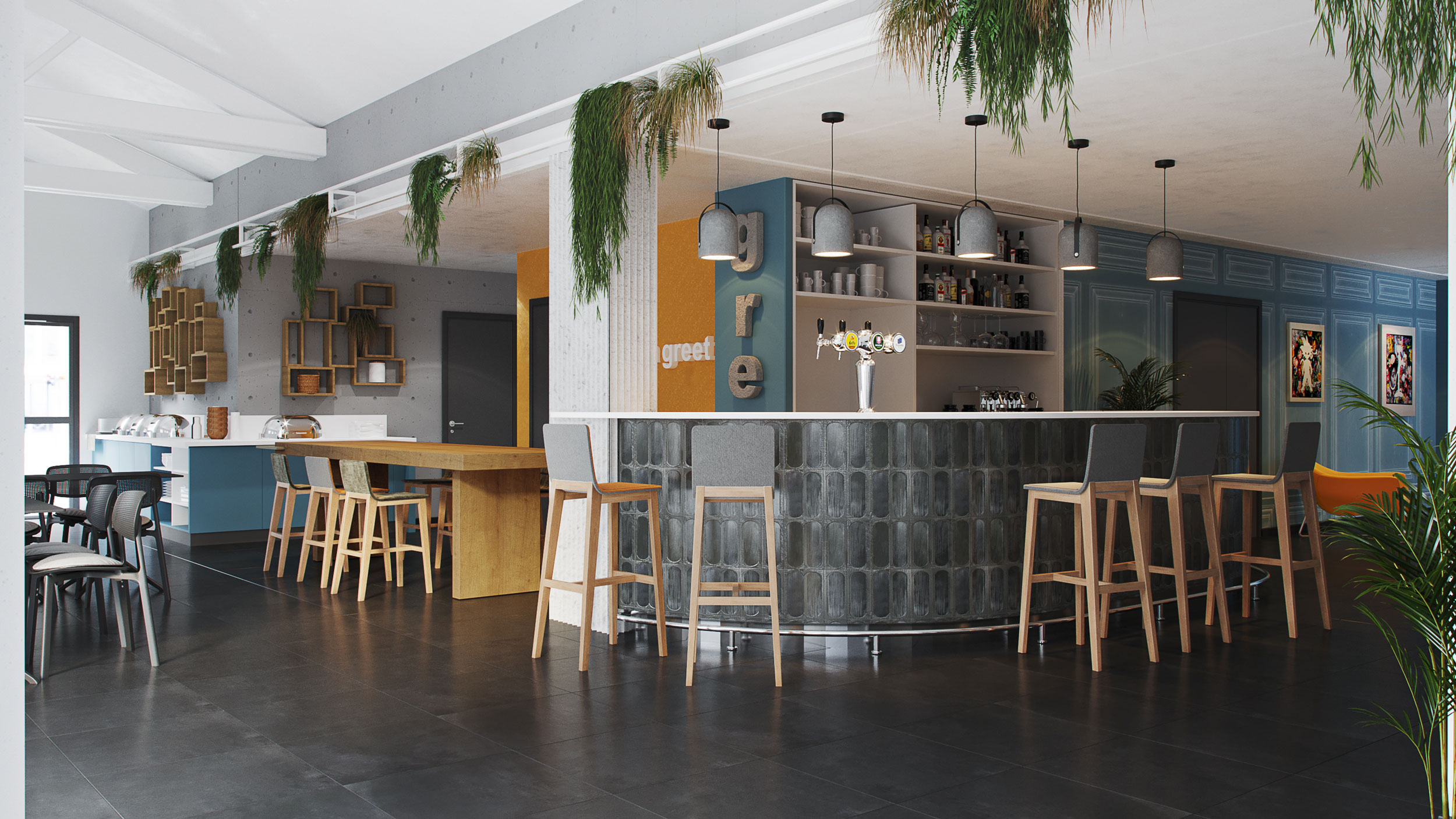 Perspective 3D du bar de l'hôtel Greet Bordeaux Floirac Aréna