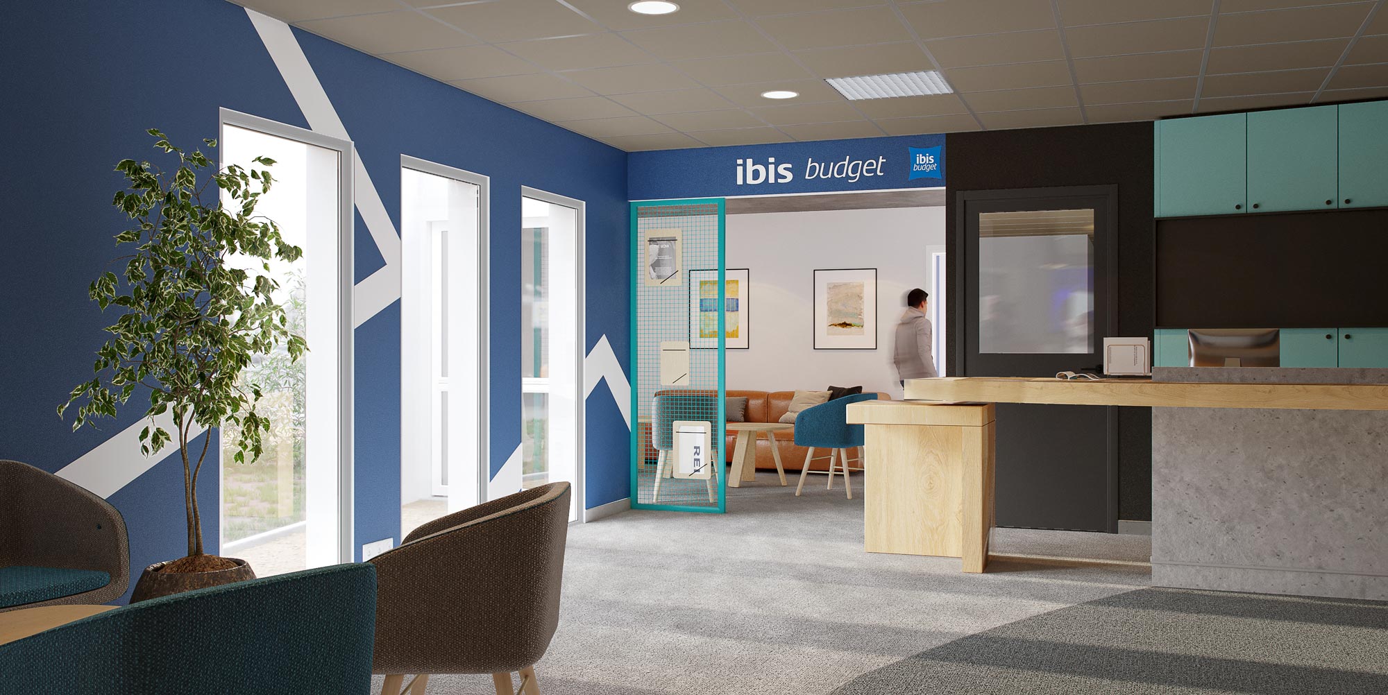 Perspective de l'accueil de l'hôtel Ibis Budget de Pontivy réalisé par Option d'Intérieur
