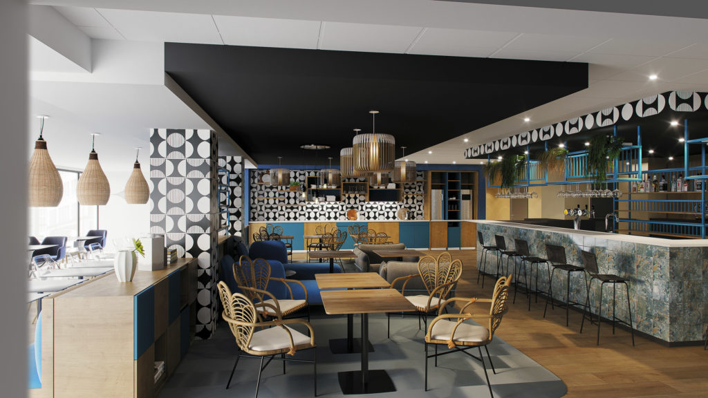 rénovation et décoration du bar avec du zellige, du bleu, noir et du mobilier en osier pour l'hôtel de Miramas