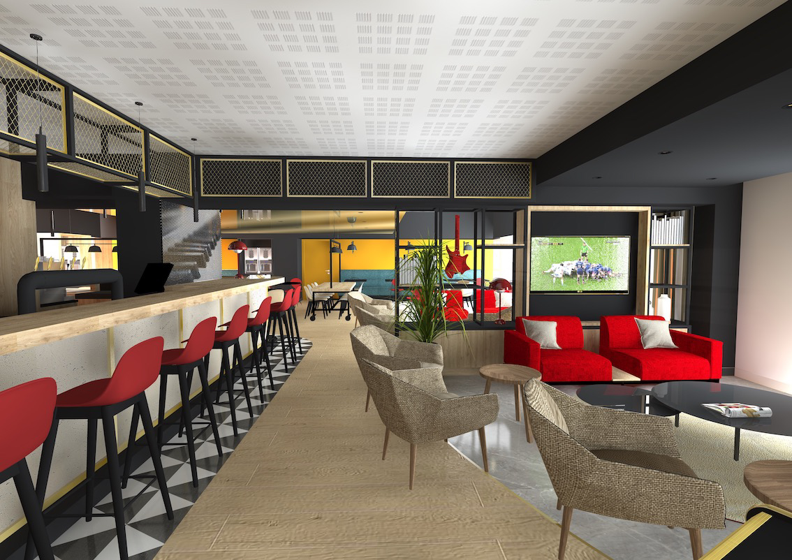 Visualisation 3D de salon lounge TV de l'hôtel Ibis Le Bourget