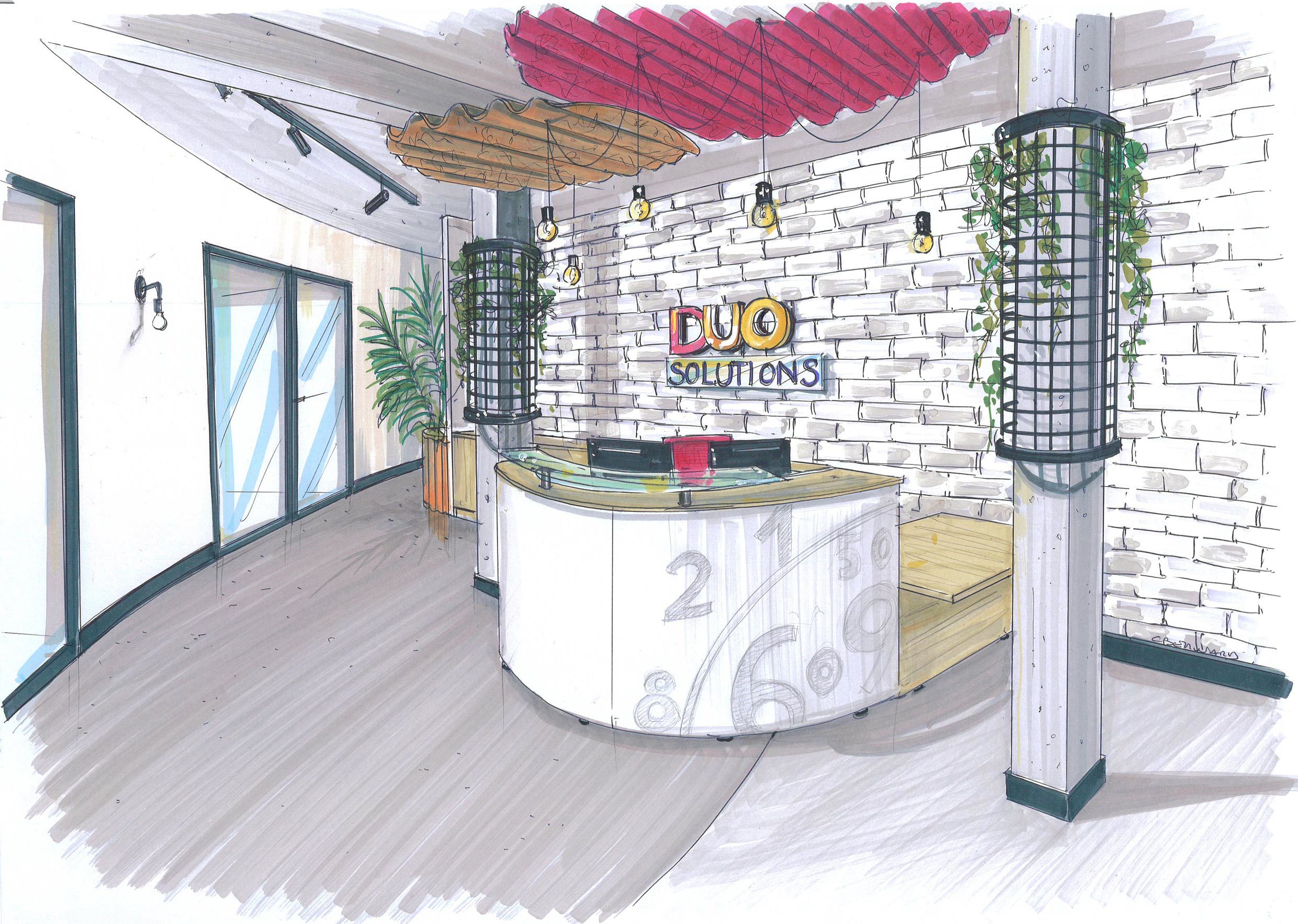 Perspective de l'accueil des bureaux de l'entreprise Duo solutions pour la décoration intérieure