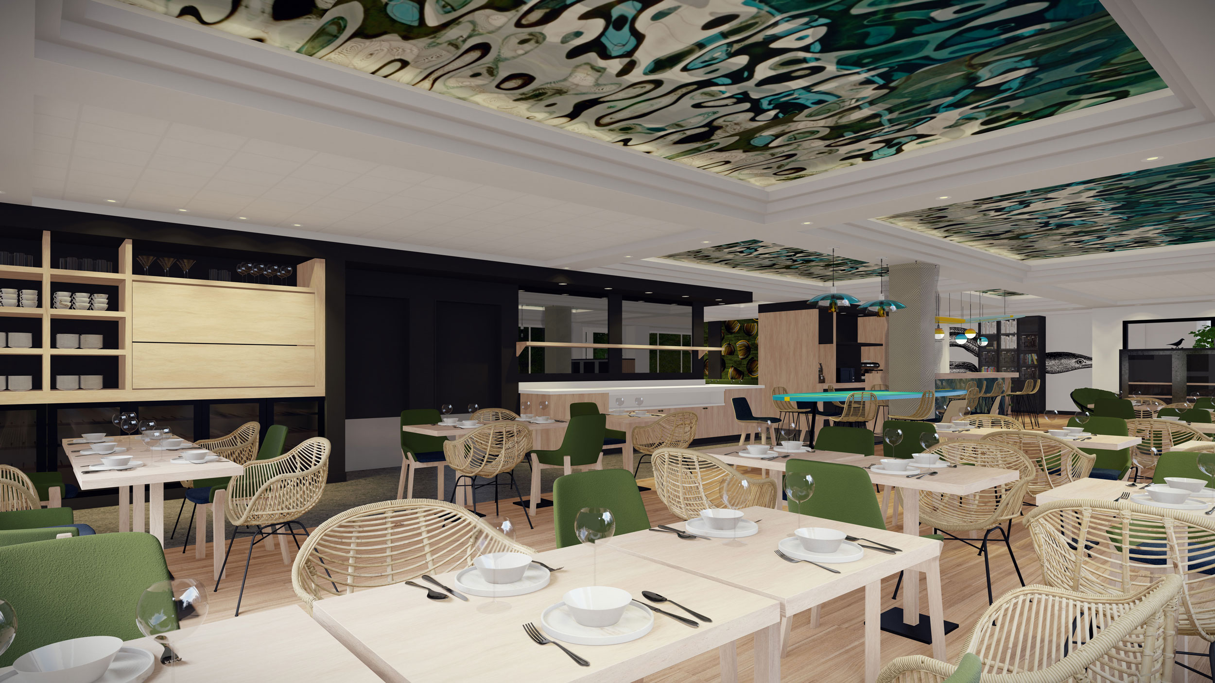 projet-decoration-interieure-restaurant-salle-petit-dejeuner-theme-mascaret-beige-vert-bois-hotel-ibis-styles-bordeaux-begles