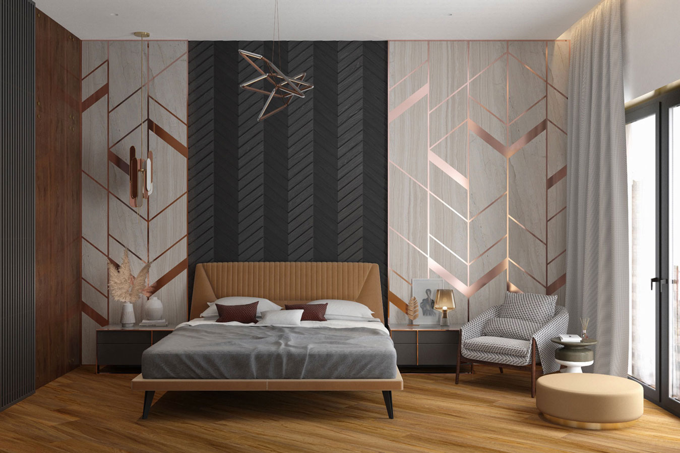 Une chambre féminine avec un papier peint effet cuivrée/or rose, il y a un parquet en bois et un lit confortable.