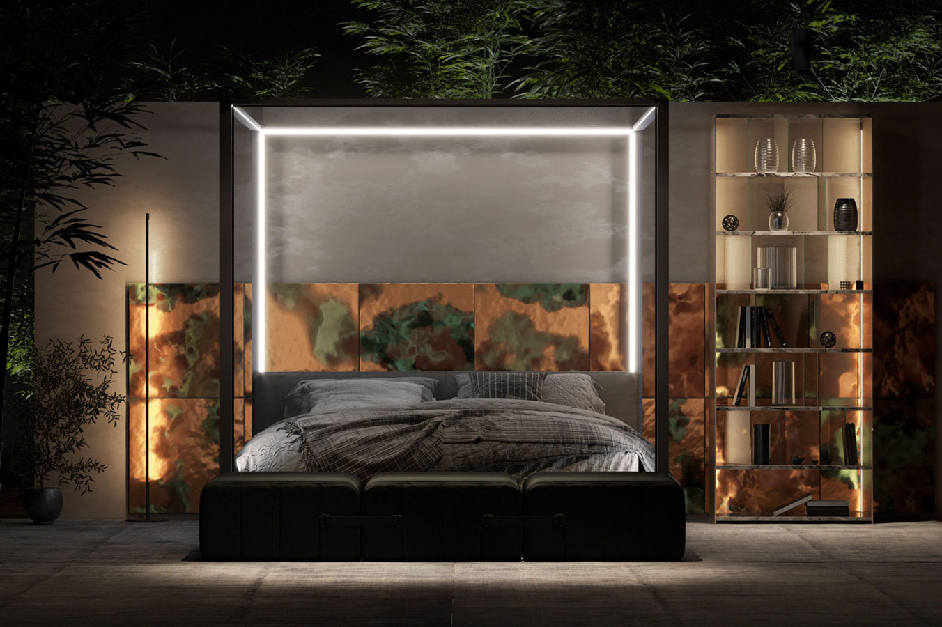 Une chambre masculine et contemporaine avec un lit éclairé par des néons blanc, la tête de lit est en cuivre martelé et il y a une végétation luxuriante sur les côtés et au dessus du lit