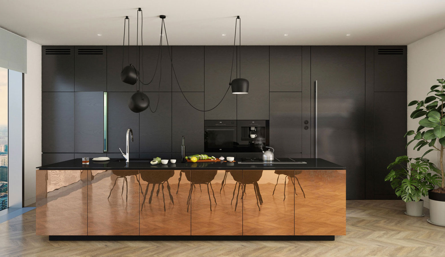 Une cuisine avec un mur de caissons noirs et un ilot central en cuivre effet miroir et un parquet de marqueterie en chêne clair