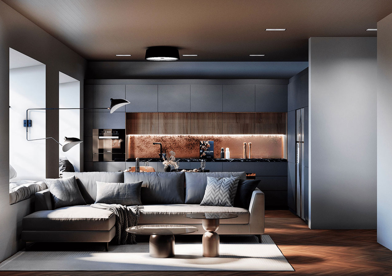 Une cuisine ouverte sur un salon épuré, les murs sont recouverts d'une faïence en cuivre martelé, il y a des tables basses design et un immense canapé, la couleur dominante est le bleu gris