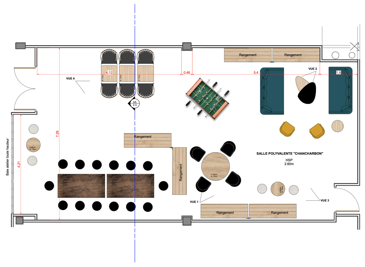 Plan de la salle de réunion Chanchardon, il y aura des grandes tables avec des chaises, des plus petites tables rondes avec des fauteuil, ainsi qu'un espace jeu comprenant un baby foot.