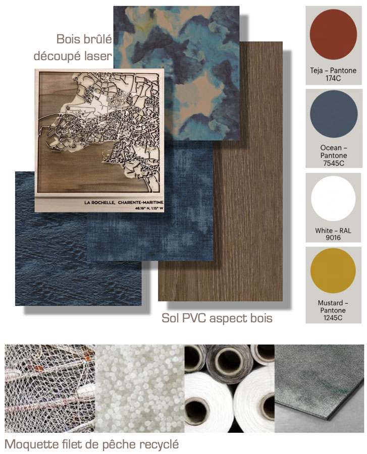 Moodboard pour l'agencement de ce lieu avec des couleurs terracotta, bleu océan, blanc et moutarde, un panneau en bois brûlé découpé au laser ainsi qu'un sol en PVC aspect bois. La moquette est en filet de pêche recyclé.