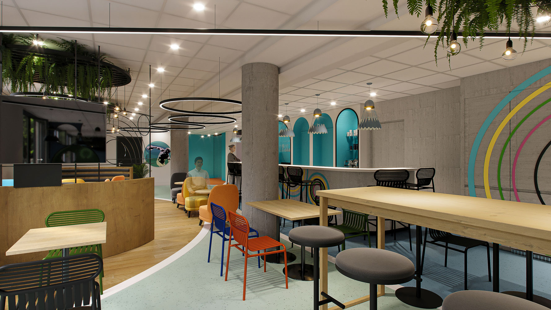 Restaurant de l'Ibis Styles Saint-Denis, plusieurs tables pour manger avec des chaises et des fauteuils de différentes couleurs (rouge, bleu, vert, noir, orange...), des étagères en alcôves sont peintes en bleu ciel et il y a des luminaires très design, en haut du bar il y a de la végétation.