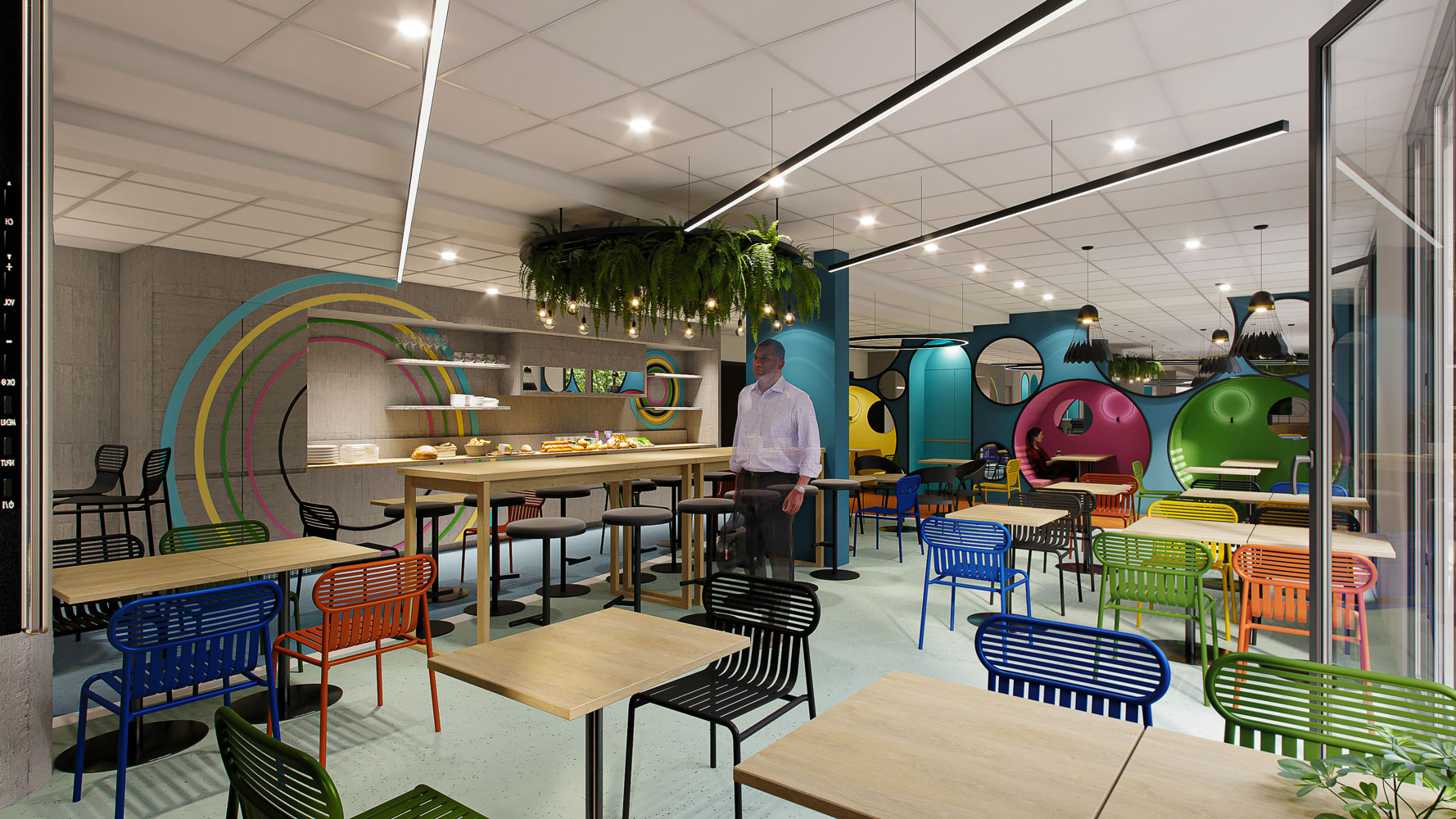 Salle de restaurant de l'hôtel Ibis Styles Saint-Denis, les chaises sont colorées (orange, rouge, jaune, bleu, vert...) et les tables sont en bois