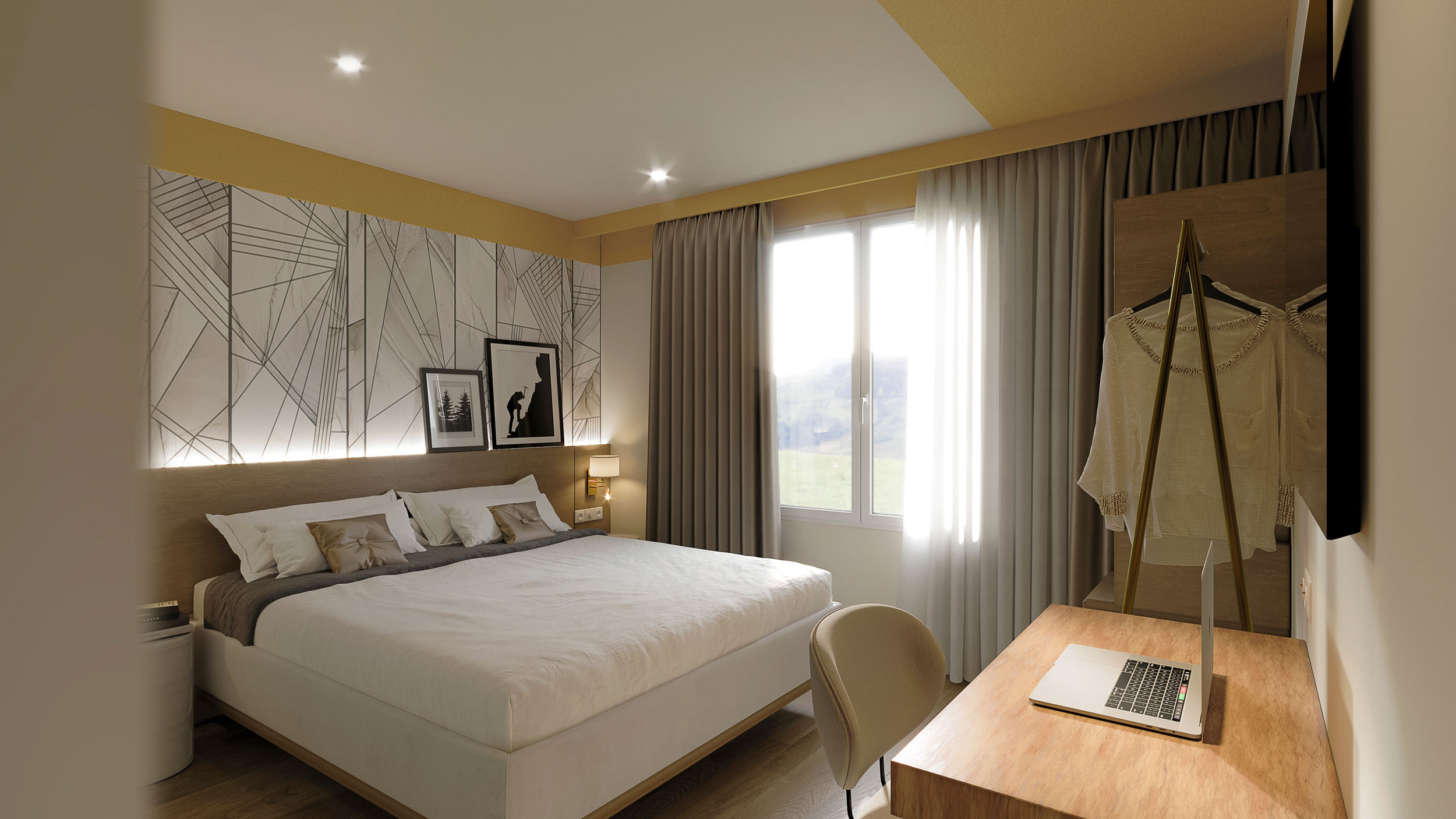 design intérieur de la chambre de l'hôtel Mercure avec ces revêtements muraux et son ambiance naturelle et chaleureuse