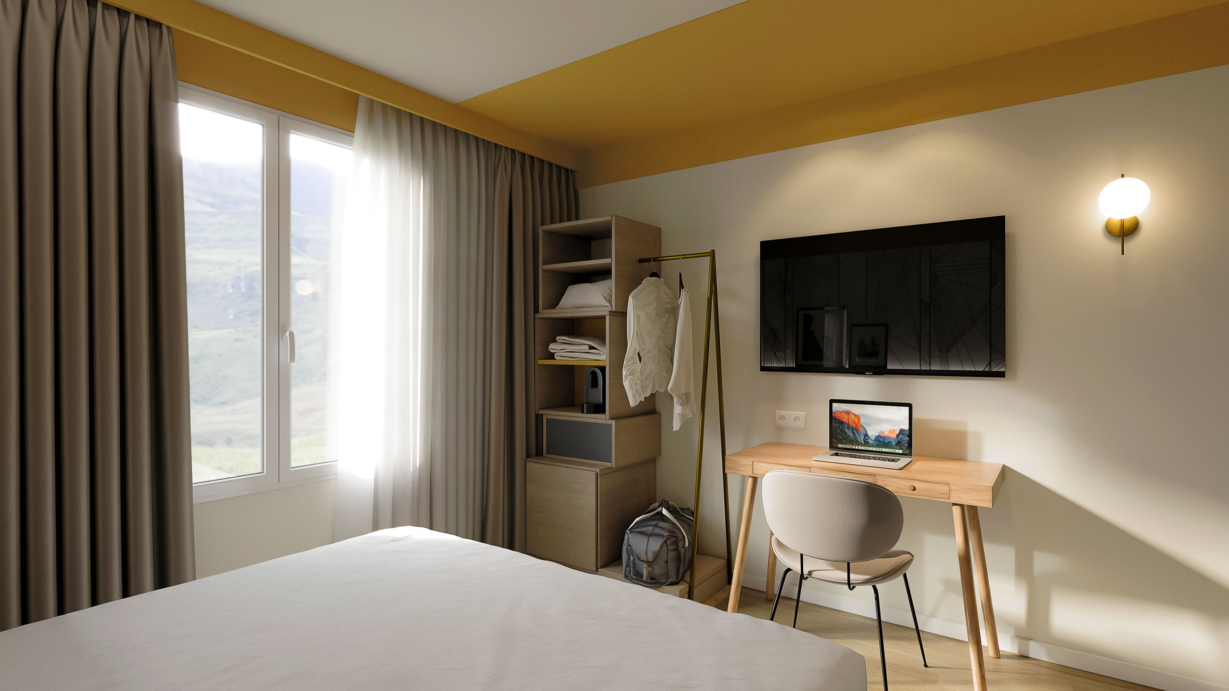 Visuel de la chambre rénové de l'hôtel Mercure, aux airs d'hiver et d'été par ses couleurs chaudes et froide designer de manière harmonieuse