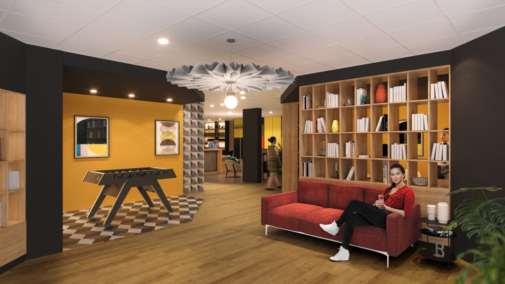 service généraux de l'hôtel ibis chalet sous le concept agora avec ses teintes rouges vibrants, des nuances moutarde pétillantes, l'élégance du noir, la douceur du beige et la sobriété du gris.