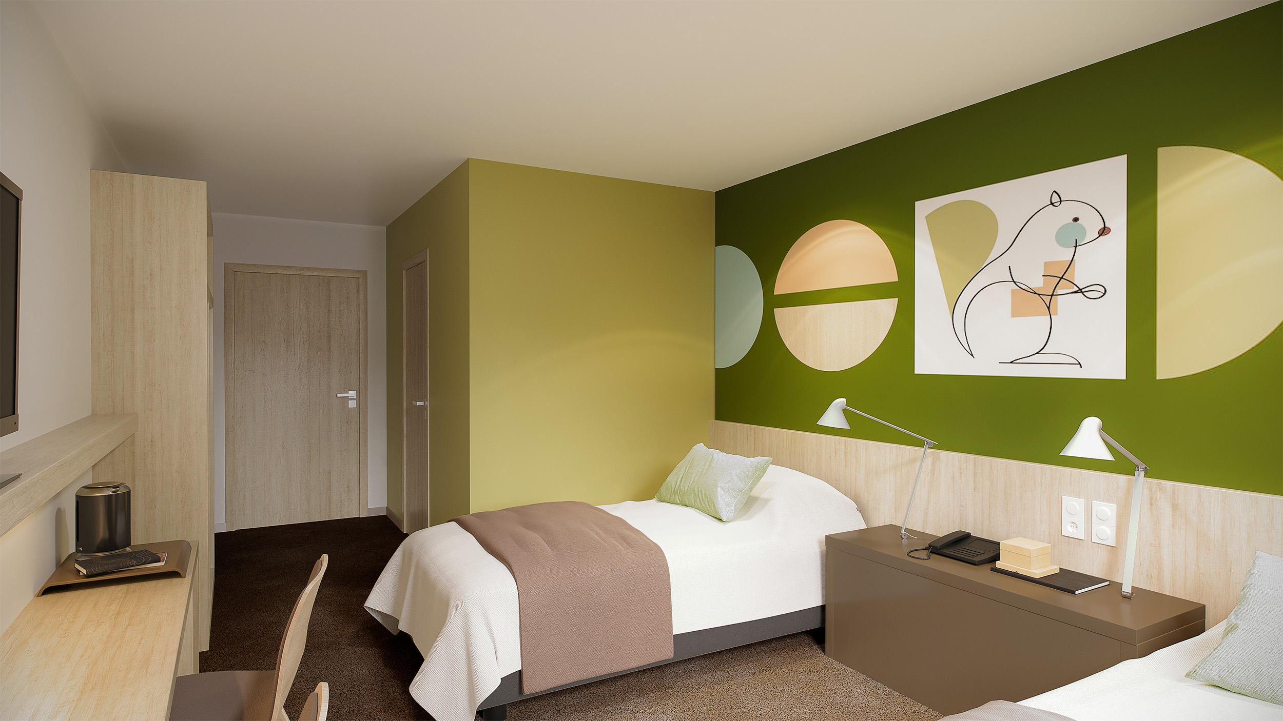 Chambres au graphisme contemporain centré autour des couleurs de la forêt, atmosphère moderne et chaleureuse avec des tons vert boisé