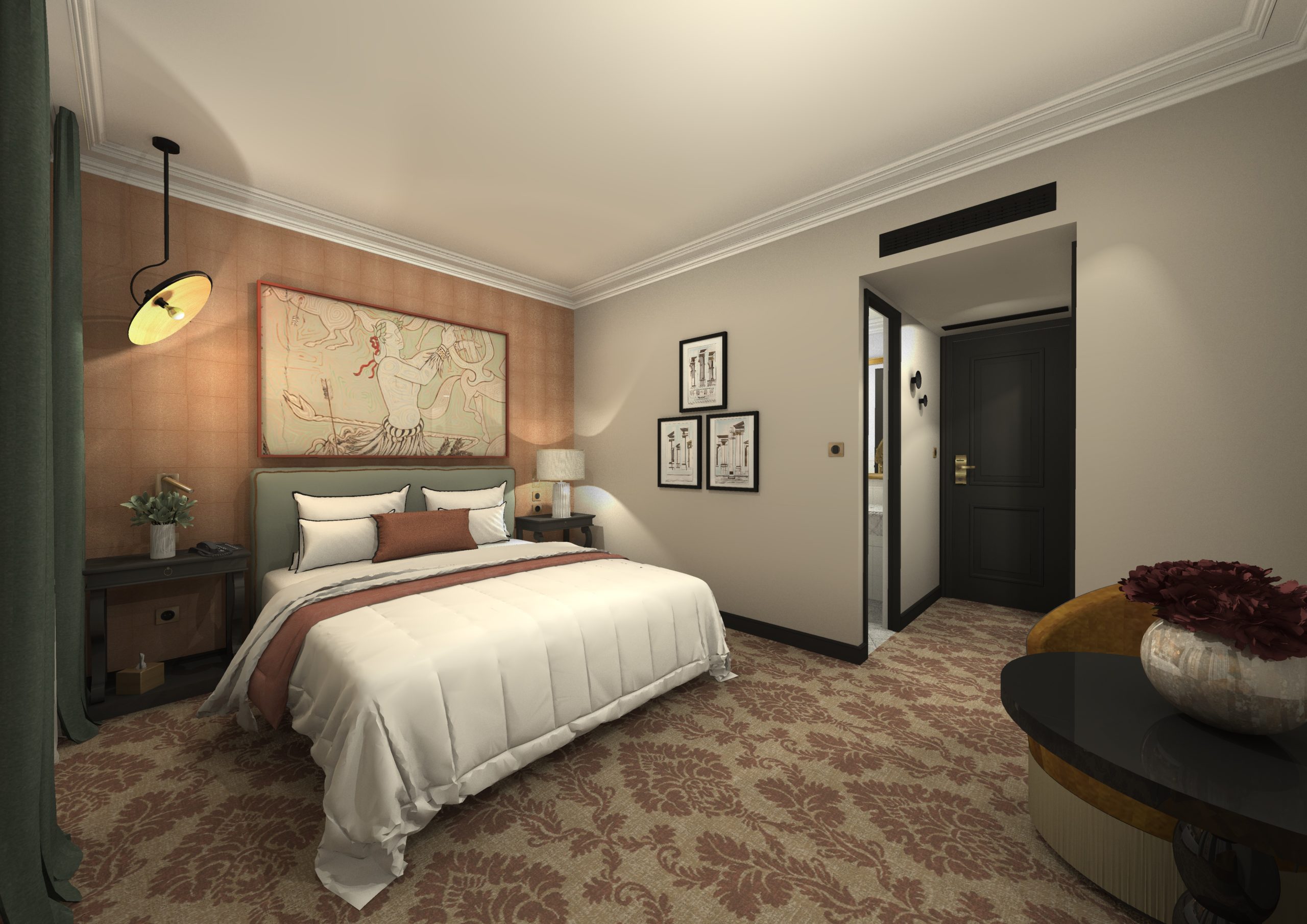 Réalisation chambre témoin du projet de rénovation d'intérieur de l'hôtel Maison Orphée.
