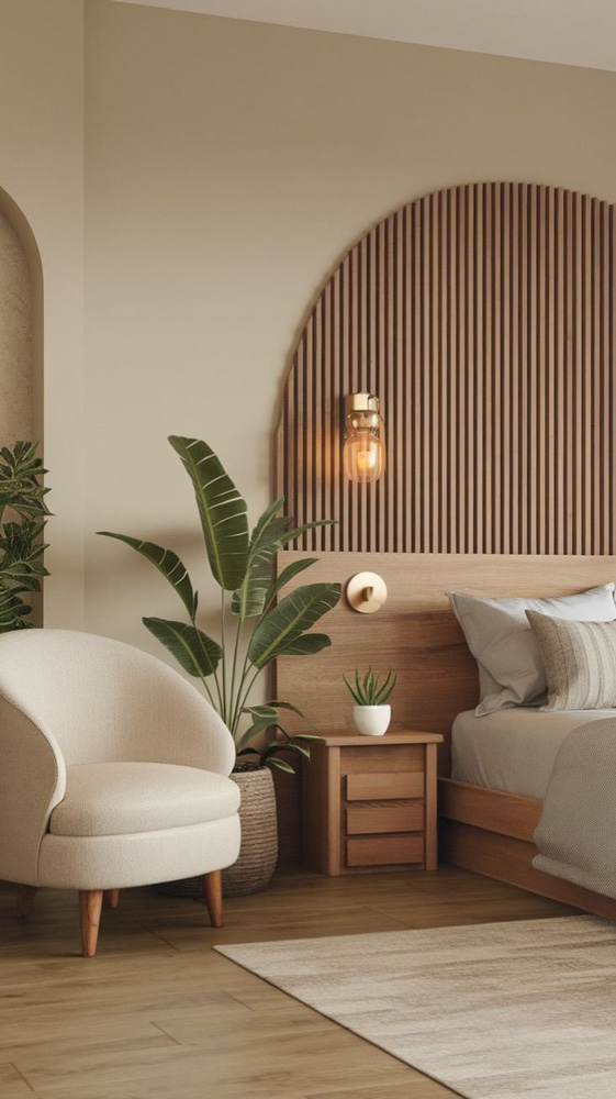 chambre ton doux avec bardage en bois en tête de lit, avec fauteuil en courbes couleur beige.