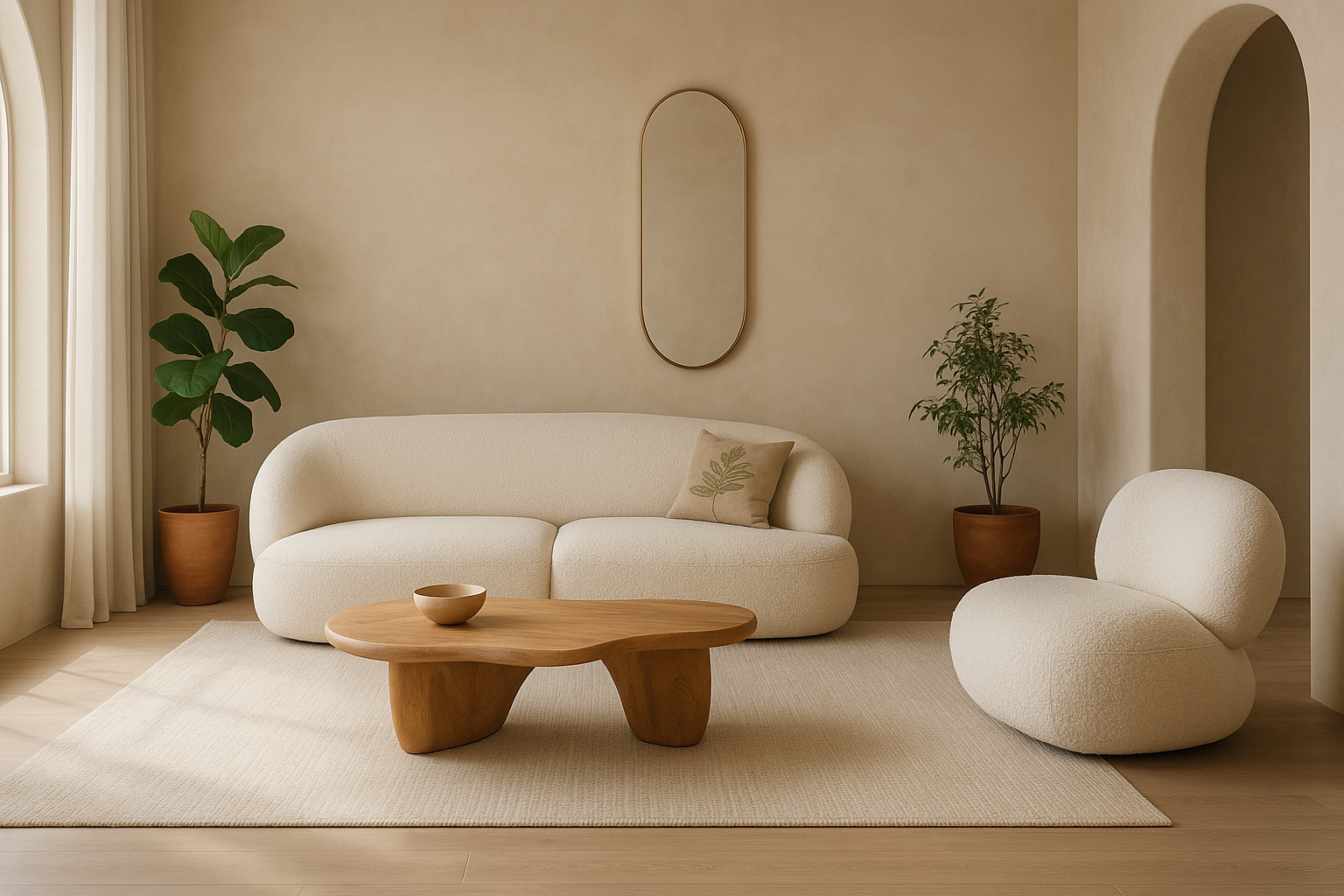 Tendance décoration d'intérieur avec le design organique, qui se traduit par l'ajout d'éléments naturels qui ne fait pas de différence entre l'extérieur et l'intérieur.