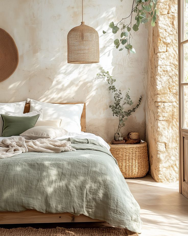 chambre naturelle avec différentes teintes de verts avec des plantes, des draps vert pastel, le tout dans une atmosphère avec de la pierre existante.