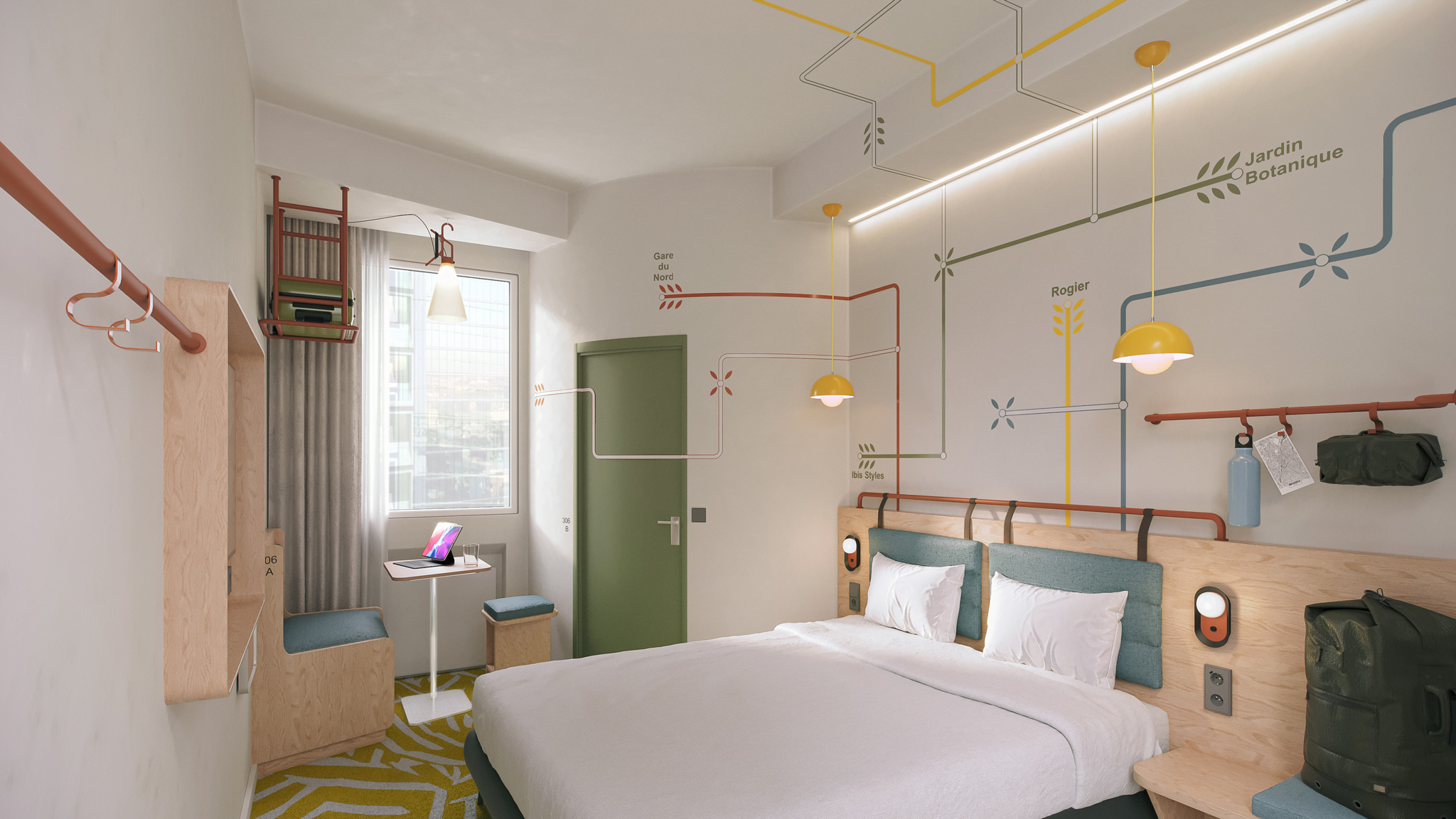 Chambre témoin d'hôtel Ibis Styles, avec une décoration qui reflète l'univers des nouvelles générations des voyageurs urbains.