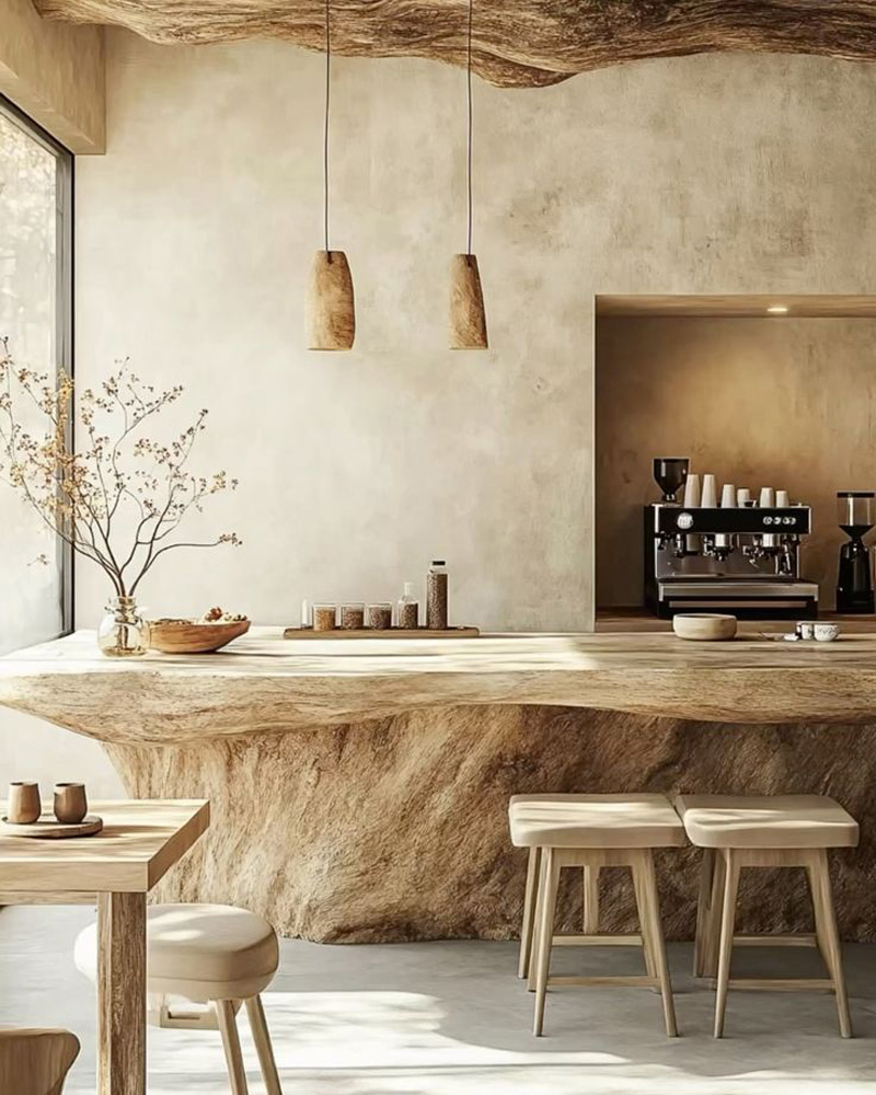 Cuisine tout en bois, avec un îlot central et des lumières en osier.