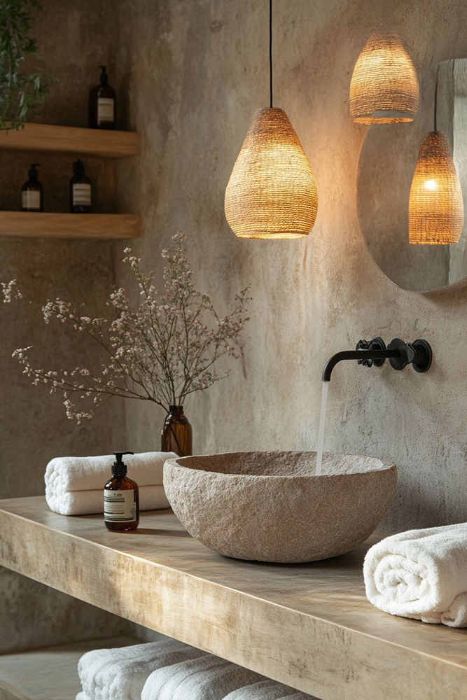 Salon de bain avec une vasque ronde effet pierre. Des murs en effet pierre lissé.