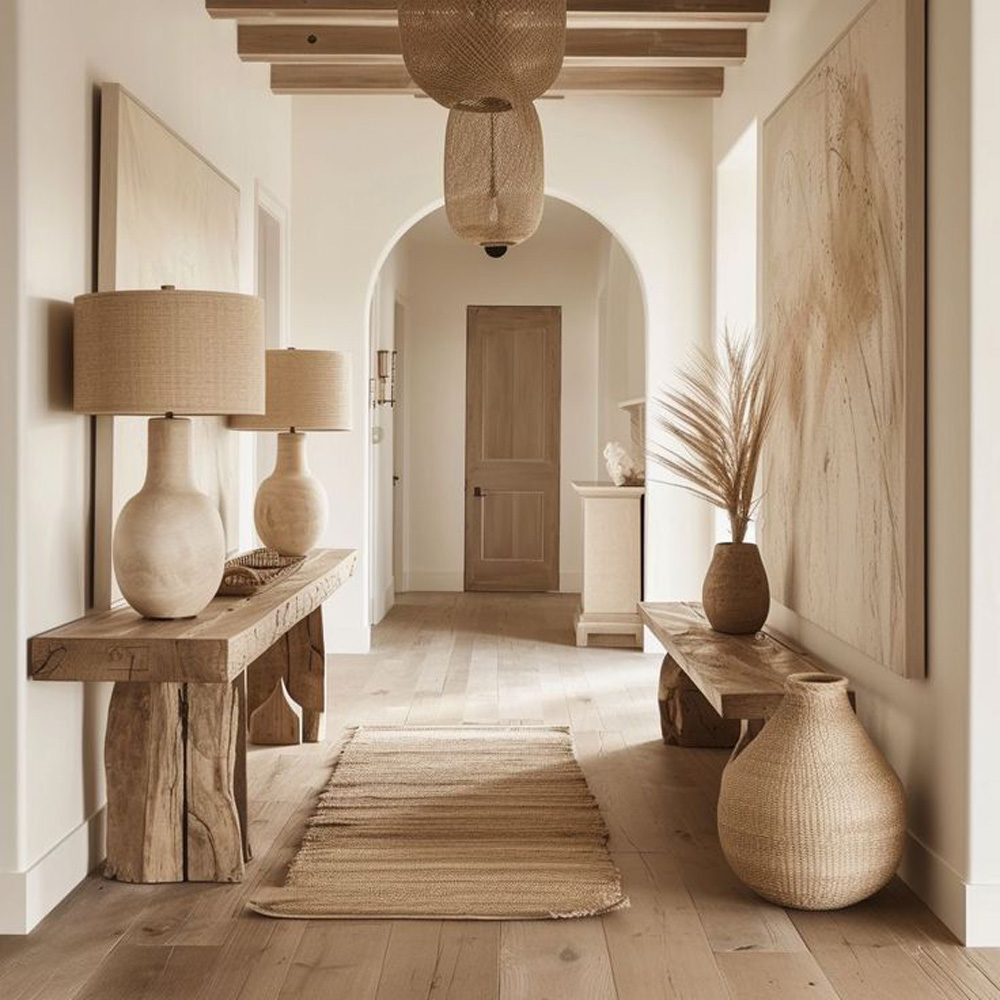 Hall d'entrée minimaliste avec des teintes de beige, accompagné de pots et de lampes de couleur beige marron semblable à de la pierre.