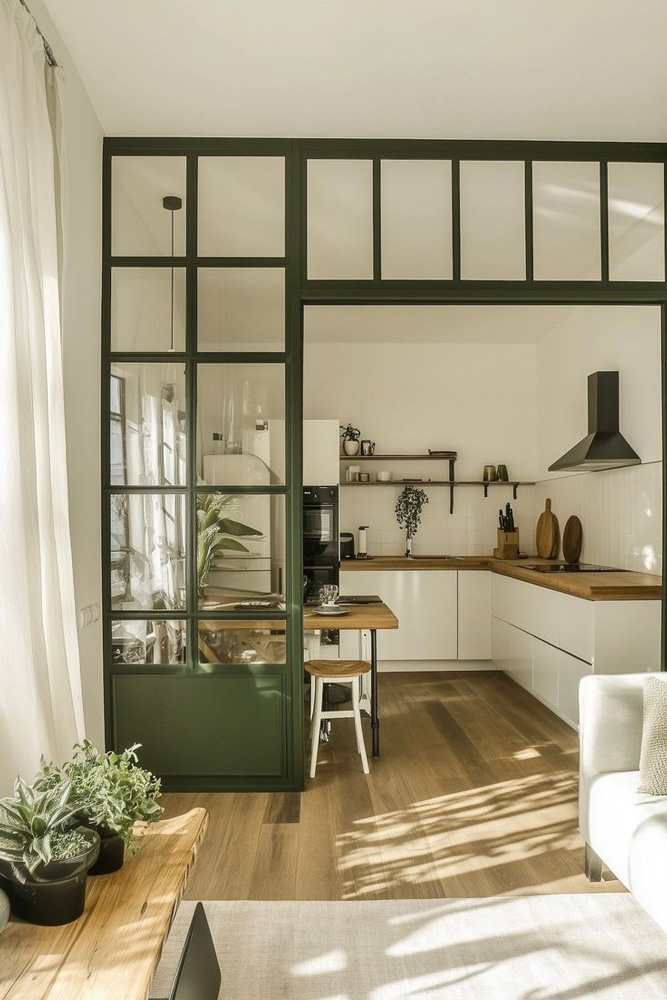 Cuisine traditionnelle avec une séparation ouverte en vitre. Parquet en bois et placard blanc.