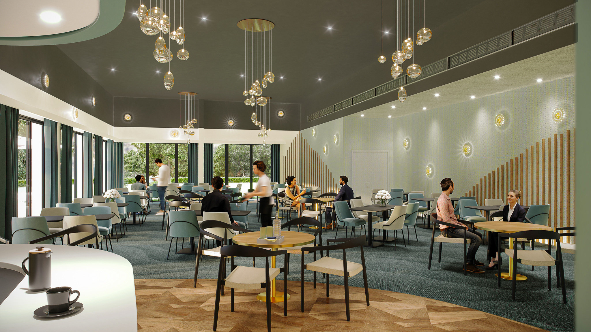 Vue 3D de la future salle de réception de la salle du restaurant et d'événementielle.
