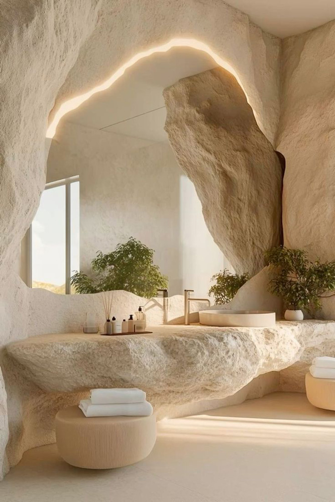 Salle de bain avec vasque insérer dans un mur en pierre avec LED tamisant pour une ambiance spa à la maison.