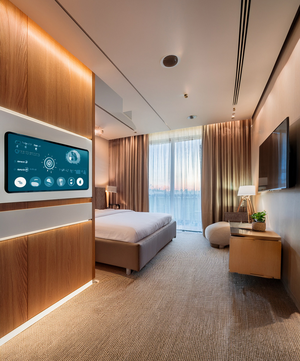 Chambre d'hôtel intégrant la domotique, dans une décoration tech eden.