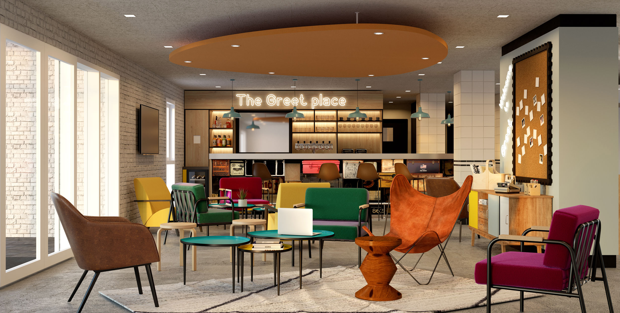 Lobby d'un hôtel suite au rebranding d'un établissement Greet Hôtel.