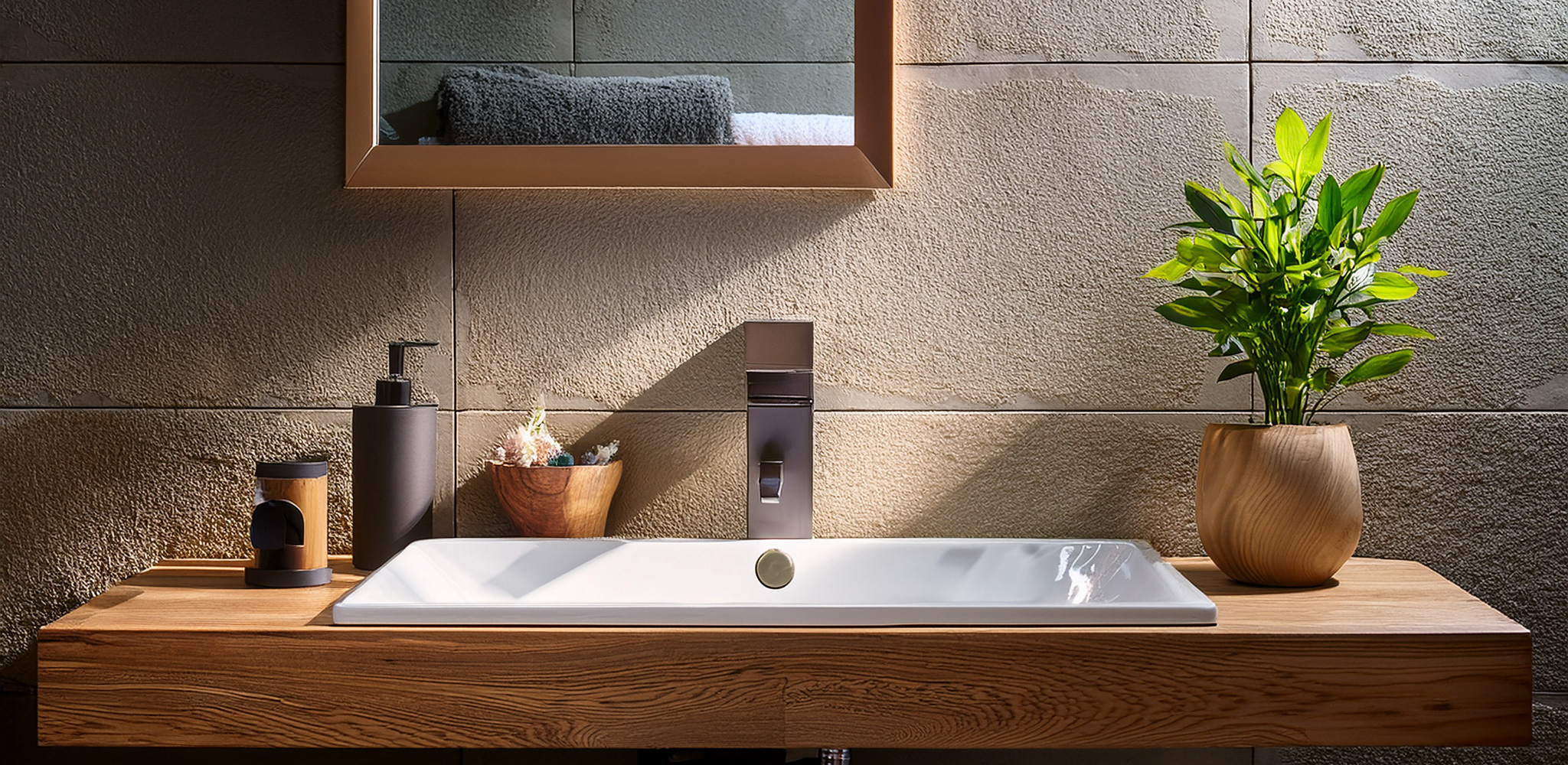 Salle de bain avec miroir chauffant et enceinte intégré.