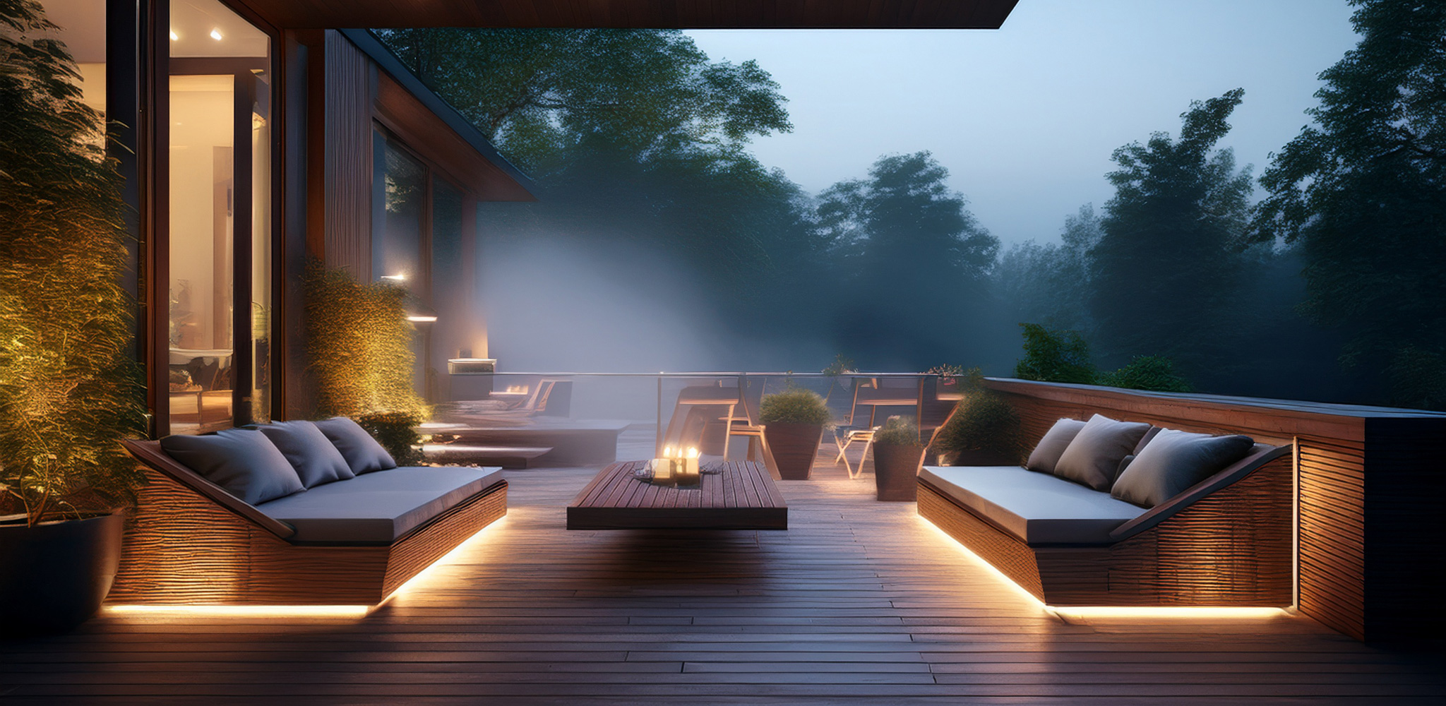 Terrasse extérieure avec des assises avec led et des prises solaires caché dans l'ameublement.