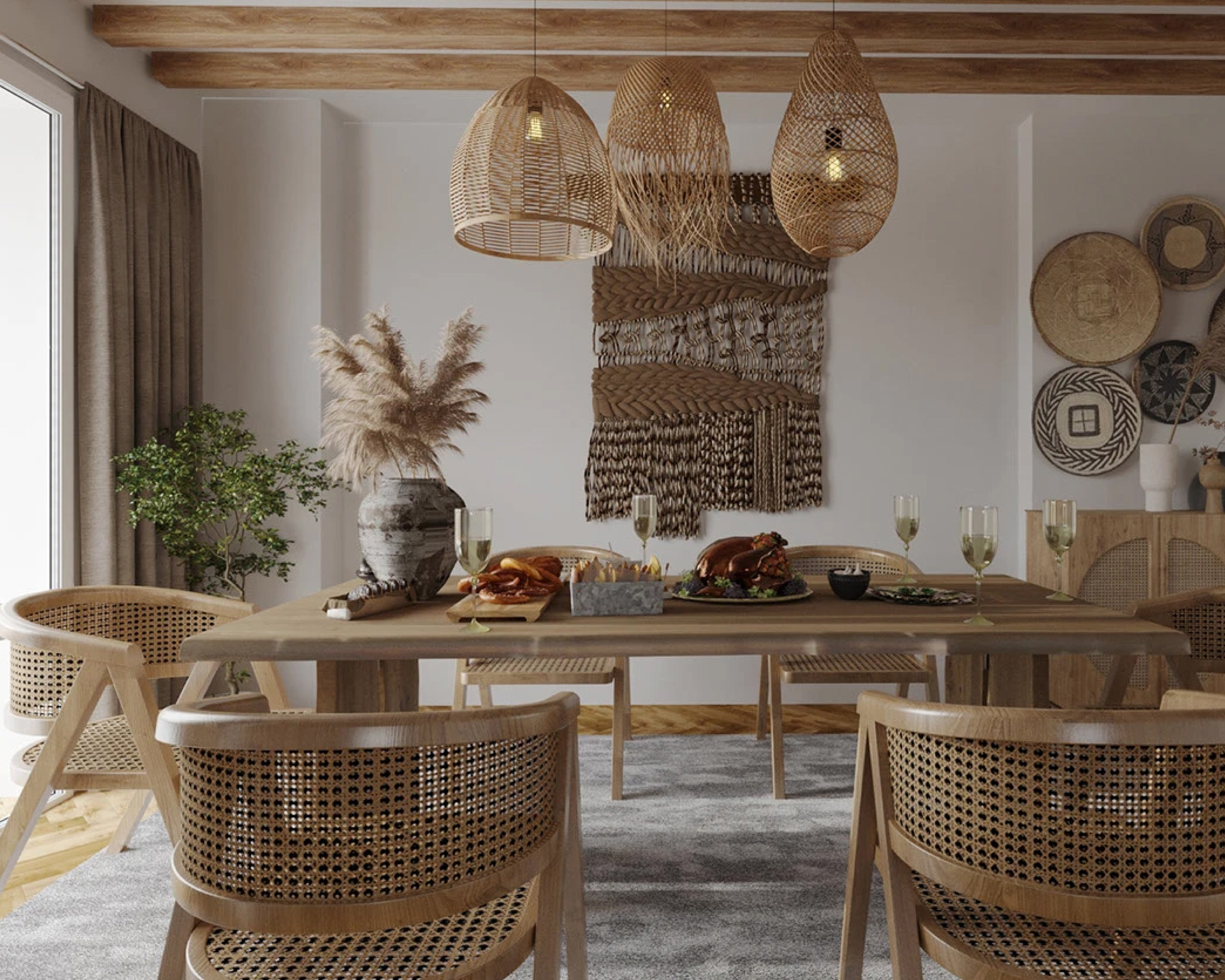 Décoration d'un salon avec une table en bois, avec des chaises n rotin tendance.