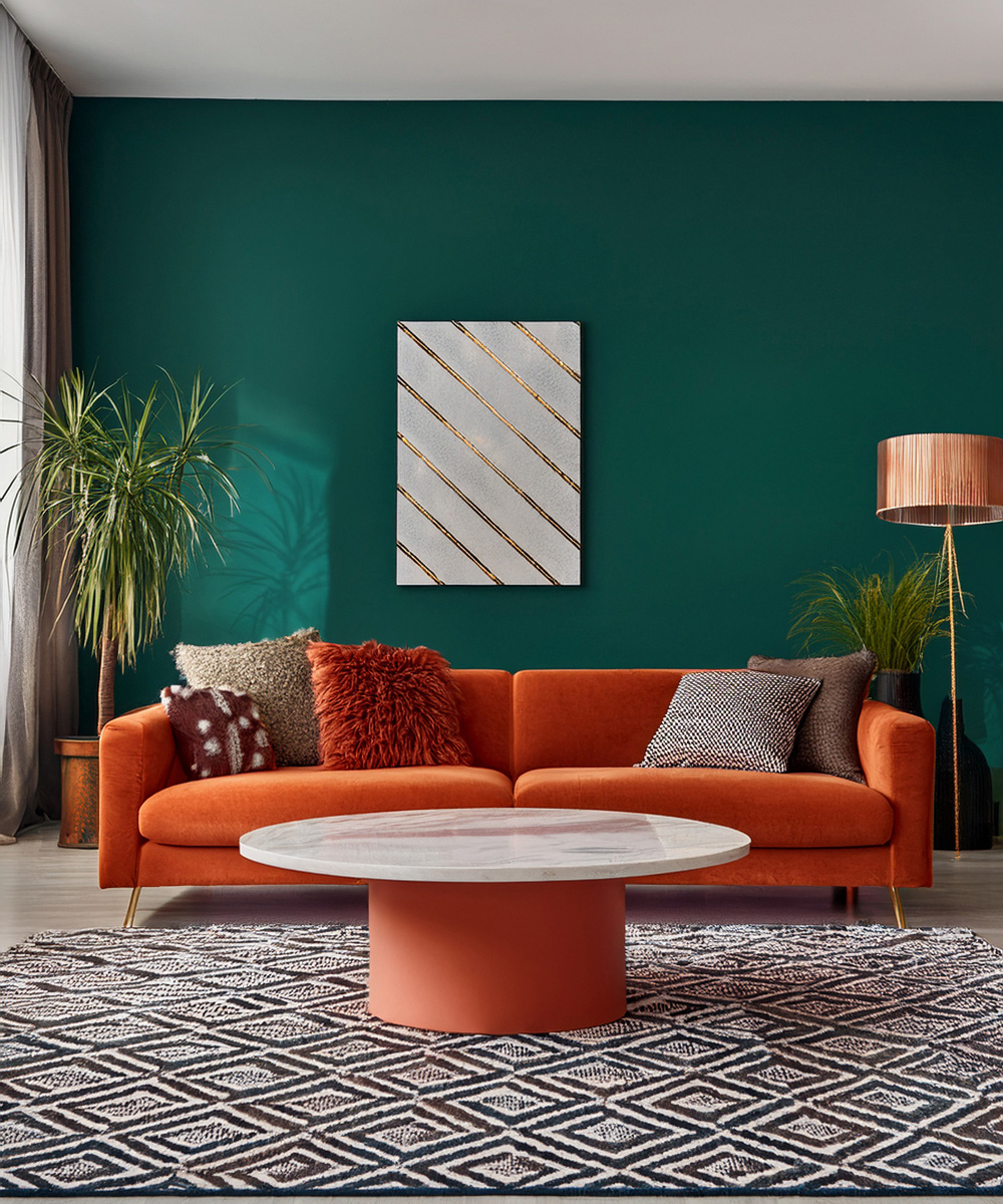 Salon d'une maison avec tapissent toile, une table basse ronde orange corail, et un canapé dans la m^me teinte, et ennarrière plan un mur avec une couleur vert bleue.