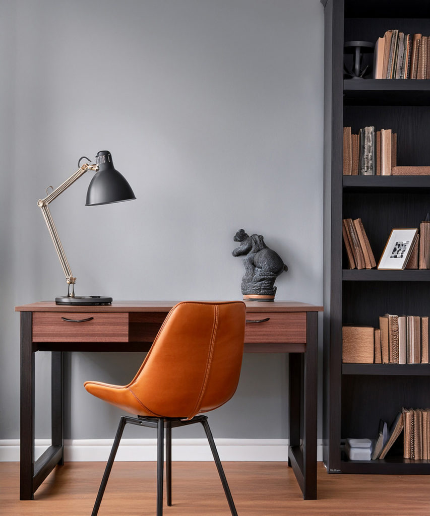 Bureau de chambre, avec meuble noire et bois foncé, une bibliothèque noire, avec comme accessoire orange la chaise en cuire.