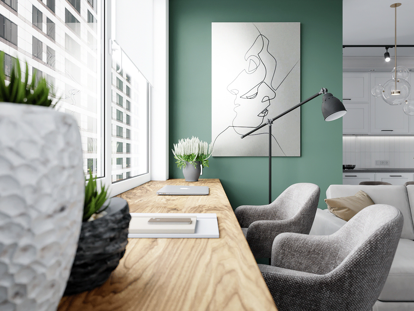 Bureau de salon avec un long plan de travail en bois avec deux fauteuils gris en tissus, le tout face à la fenêtre. Sur le côté droit, un mur de couleur vert qui apporte de la profondeur avec un tableau blanc et deux visages faits de traits noirs.