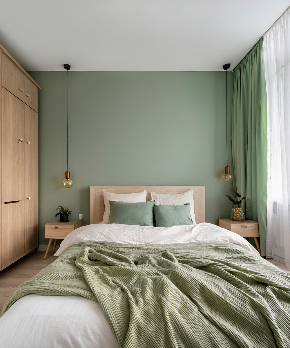 Chambre épurée, avec une couleur vert sauge, des draps blancs, un plaid vert, des coussins vers une armoire en bois, et un mur vert en arrière-plan.