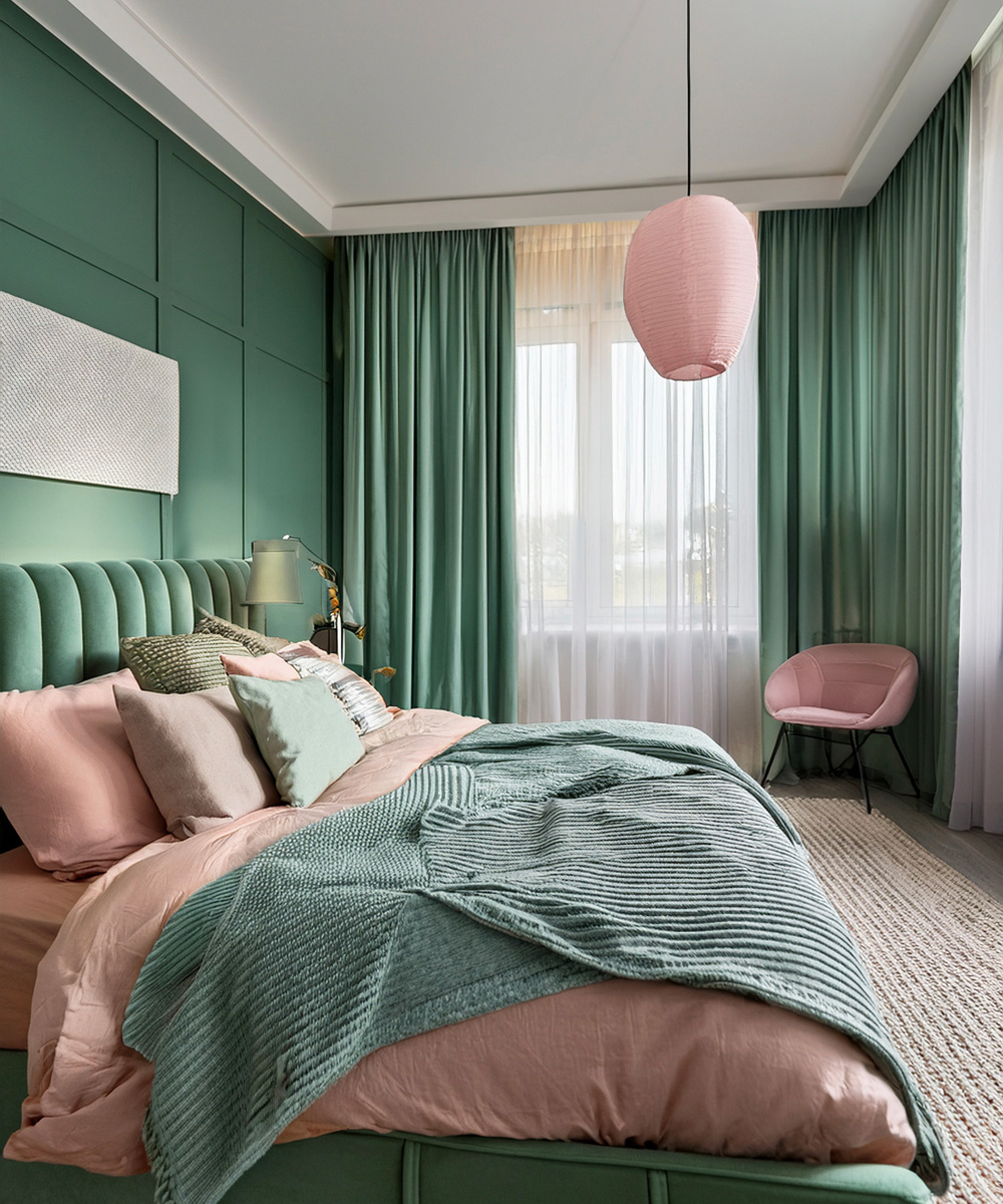 Une chambre entre deux couleurs, celle du rose et du vert pastel, qui s'harmonise avec fauteuils et luminaires.